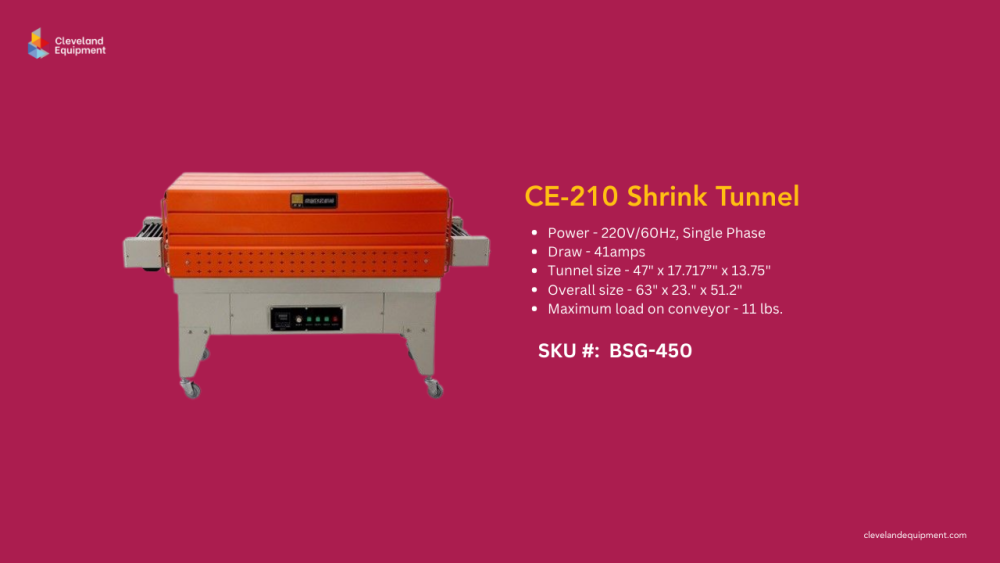 CE-210 commercial shrink tunnel packaging machine providing uniform heat shrink sealing for retail-ready products