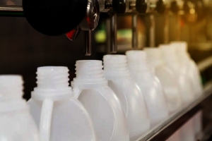 Plastic bottles on a filling line.